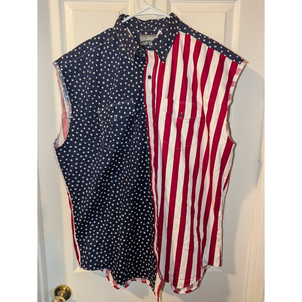 Vintage Roughrider By Circle T Men’s USA Flag Western Shirt Size XL Sleeveless